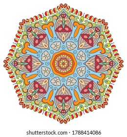 Mandala flower decoration, hand drawn round ornament, isolated design element on a white background. Vector geometric floral pattern. Tribal ethnic fashion motif for paper, textile, cloth fabric print