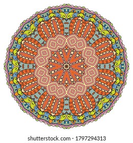Mandala flower decoration, hand drawn round ornament, isolated design element on a white background. Vector geometric floral pattern. Tribal ethnic fashion motif for paper, textile, cloth fabric print