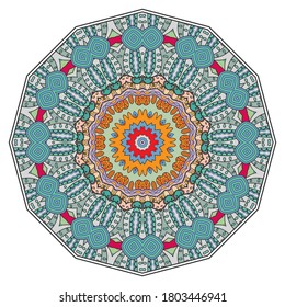 Mandala flower decoration, hand drawn round ornament, isolated design element on a white background. Vector geometric floral pattern. Tribal ethnic fashion motif for paper, textile, cloth fabric print