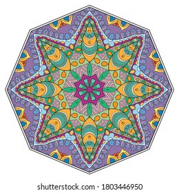 Mandala flower decoration, hand drawn round ornament, isolated design element on a white background. Vector geometric floral pattern. Tribal ethnic fashion motif for paper, textile, cloth fabric print