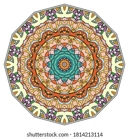 Mandala flower decoration, hand drawn round ornament, isolated design element on a white background. Vector geometric floral pattern. Tribal ethnic fashion motif for paper, textile, cloth fabric print