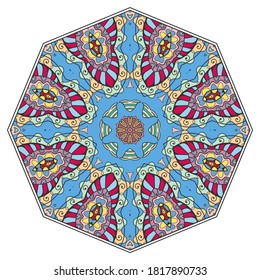 Mandala flower decoration, hand drawn round ornament, isolated design element on a white background. Vector geometric floral pattern. Tribal ethnic fashion motif for paper, textile, cloth fabric print