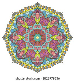 Mandala flower decoration, hand drawn round ornament, isolated design element on a white background. Vector geometric floral pattern. Tribal ethnic fashion motif for paper, textile, cloth fabric print