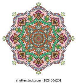 Mandala flower decoration, hand drawn round ornament, isolated design element on a white background. Vector geometric floral pattern. Tribal ethnic fashion motif for paper, textile, cloth fabric print