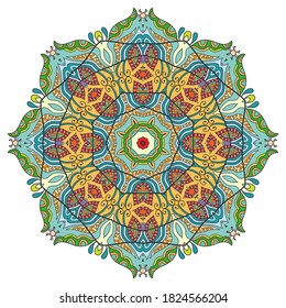 Mandala flower decoration, hand drawn round ornament, isolated design element on a white background. Vector geometric floral pattern. Tribal ethnic fashion motif for paper, textile, cloth fabric print