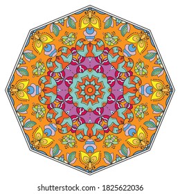 Mandala flower decoration, hand drawn round ornament, isolated design element on a white background. Vector geometric floral pattern. Tribal ethnic fashion motif for paper, textile, cloth fabric print