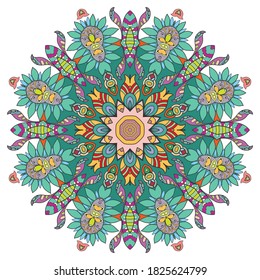 Mandala flower decoration, hand drawn round ornament, isolated design element on a white background. Vector geometric floral pattern. Tribal ethnic fashion motif for paper, textile, cloth fabric print