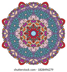 Mandala flower decoration, hand drawn round ornament, isolated design element on a white background. Vector geometric floral pattern. Tribal ethnic fashion motif for paper, textile, cloth fabric print