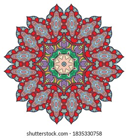Mandala flower decoration, hand drawn round ornament, isolated design element on a white background. Vector geometric floral pattern. Tribal ethnic fashion motif for paper, textile, cloth fabric print