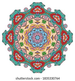 Mandala flower decoration, hand drawn round ornament, isolated design element on a white background. Vector geometric floral pattern. Tribal ethnic fashion motif for paper, textile, cloth fabric print