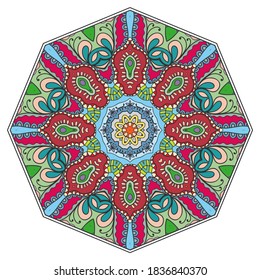 Mandala flower decoration, hand drawn round ornament, isolated design element on a white background. Vector geometric floral pattern. Tribal ethnic fashion motif for paper, textile, cloth fabric print