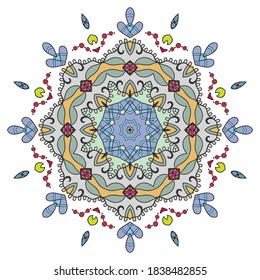Mandala flower decoration, hand drawn round ornament, isolated design element on a white background. Vector geometric floral pattern. Tribal ethnic fashion motif for paper, textile, cloth fabric print