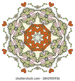 Mandala flower decoration, hand drawn round ornament, isolated design element on a white background. Vector geometric floral pattern. Tribal ethnic fashion motif for paper, textile, cloth fabric print