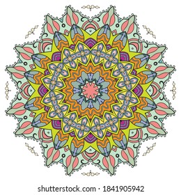 Mandala flower decoration, hand drawn round ornament, isolated design element on a white background. Vector geometric floral pattern. Tribal ethnic fashion motif for paper, textile, cloth fabric print