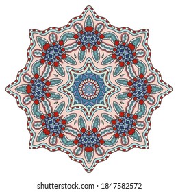 Mandala flower decoration, hand drawn round ornament, isolated design element on a white background. Vector geometric floral pattern. Tribal ethnic fashion motif for paper, textile, cloth fabric print