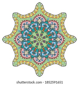 Mandala flower decoration, hand drawn round ornament, isolated design element on a white background. Vector geometric floral pattern. Tribal ethnic fashion motif for paper, textile, cloth fabric print