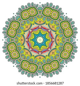 Mandala flower decoration, hand drawn round ornament, isolated design element on a white background. Vector geometric floral pattern. Tribal ethnic fashion motif for paper, textile, cloth fabric print