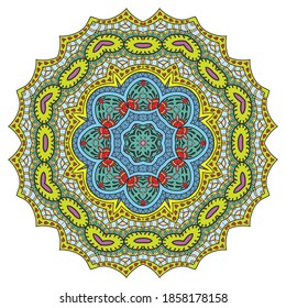 Mandala flower decoration, hand drawn round ornament, isolated design element on a white background. Vector geometric floral pattern. Tribal ethnic fashion motif for paper, textile, cloth fabric print