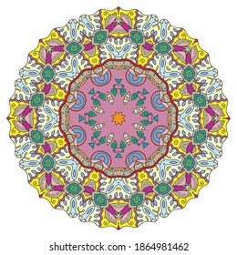 Mandala flower decoration, hand drawn round ornament, isolated design element on a white background. Vector geometric floral pattern. Tribal ethnic fashion motif for paper, textile, cloth fabric print