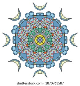 Mandala-Blumendekoration, handgezeichnet runder Ornament, einzelne Designelemente auf weißem Hintergrund. Vektor geometrisches Blumenmuster. Ethnische Motive aus Stämmen für Papier, Textilien, Stoffdruck