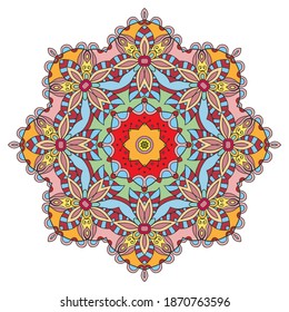 Mandala-Blumendekoration, handgezeichnet runder Ornament, einzelne Designelemente auf weißem Hintergrund. Vektor geometrisches Blumenmuster. Ethnische Motive aus Stämmen für Papier, Textilien, Stoffdruck