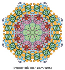Mandala flower decoration, hand drawn round ornament, isolated design element on a white background. Vector geometric floral pattern. Tribal ethnic fashion motif for paper, textile, cloth fabric print