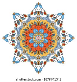 Mandala flower decoration, hand drawn round ornament, isolated design element on a white background. Vector geometric floral pattern. Tribal ethnic fashion motif for paper, textile, cloth fabric print