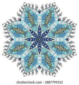 Mandala flower decoration, hand drawn round ornament, isolated design element on a white background. Vector geometric floral pattern. Tribal ethnic fashion motif for paper, textile, cloth fabric print