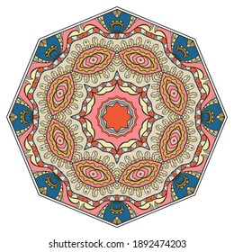 Decoración de flores de Mandala, adorno redondeado a mano, diseño aislado sobre un fondo blanco. Patrón floral geométrico vectorial. Motivos tribales étnicos de la moda para papel, textiles, tejidos de tela