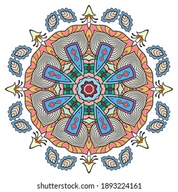 Mandala flower decoration, hand drawn round ornament, isolated design element on a white background. Vector geometric floral pattern. Tribal ethnic fashion motif for paper, textile, cloth fabric print