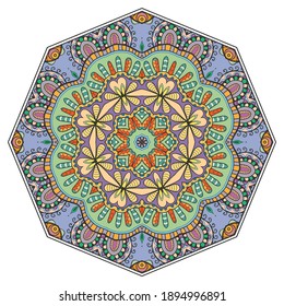 Mandala flower decoration, hand drawn round ornament, isolated design element on a white background. Vector geometric floral pattern. Tribal ethnic fashion motif for paper, textile, cloth fabric print