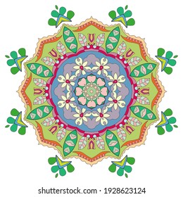 Mandala flower decoration, hand drawn round ornament, isolated design element on a white background. Vector geometric floral pattern. Tribal ethnic fashion motif for paper, textile, cloth fabric print