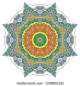 Mandala flower decoration, hand drawn round ornament, isolated design element on a white background. Vector geometric floral pattern. Tribal ethnic fashion motif for paper, textile, cloth fabric print