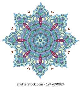 Mandala flower decoration, hand drawn round ornament, isolated design element on a white background. Vector geometric floral pattern. Tribal ethnic fashion motif for paper, textile, cloth fabric print