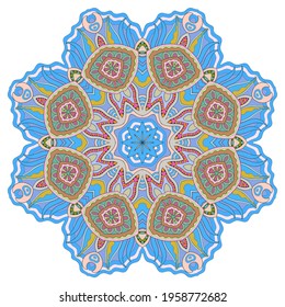 Mandala flower decoration, hand drawn round ornament, isolated design element on a white background. Vector geometric floral pattern. Tribal ethnic fashion motif for paper, textile, cloth fabric print