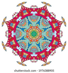 Mandala flower decoration, hand drawn round ornament, isolated design element on a white background. Vector geometric floral pattern. Tribal ethnic fashion motif for paper, textile, cloth fabric print
