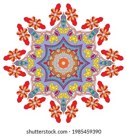 Mandala flower decoration, hand drawn round ornament, isolated design element on a white background. Vector geometric floral pattern. Tribal ethnic fashion motif for paper, textile, cloth fabric print