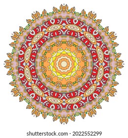 Mandala flower decoration, hand drawn round ornament, isolated design element on a white background. Vector geometric floral pattern. Tribal ethnic fashion motif for paper, textile, cloth fabric print
