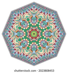Mandala flower decoration, hand drawn round ornament, isolated design element on a white background. Vector geometric floral pattern. Tribal ethnic fashion motif for paper, textile, cloth fabric print