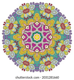 Mandala flower decoration, hand drawn round ornament, isolated design element on a white background. Vector geometric floral pattern. Tribal ethnic fashion motif for paper, textile, cloth fabric print