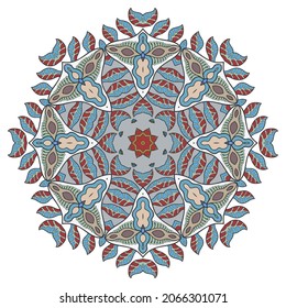 Mandala flower decoration, hand drawn round ornament, isolated design element on a white background. Vector geometric floral pattern. Tribal ethnic fashion motif for paper, textile, cloth fabric print