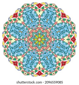 Mandala flower decoration, hand drawn round ornament, isolated design element on a white background. Vector geometric floral pattern. Tribal ethnic fashion motif for paper, textile, cloth fabric print