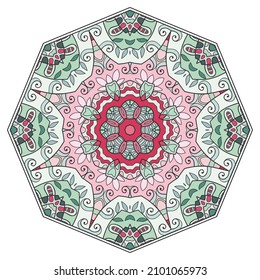 Mandala flower decoration, hand drawn round ornament, isolated design element on a white background. Vector geometric floral pattern. Tribal ethnic fashion motif for paper, textile, cloth fabric print