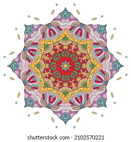 Mandala flower decoration, hand drawn round ornament, isolated design element on a white background. Vector geometric floral pattern. Tribal ethnic fashion motif for paper, textile, cloth fabric print