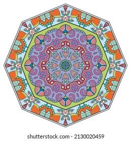Mandala flower decoration, hand drawn round ornament, isolated design element on a white background. Vector geometric floral pattern. Tribal ethnic fashion motif for paper, textile, cloth fabric print