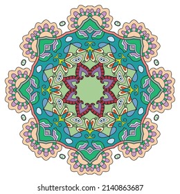 Mandala flower decoration, hand drawn round ornament, isolated design element on a white background. Vector geometric floral pattern. Tribal ethnic fashion motif for paper, textile, cloth fabric print