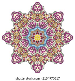 Mandala flower decoration, hand drawn round ornament, isolated design element on a white background. Vector geometric floral pattern. Tribal ethnic fashion motif for paper, textile, cloth fabric print
