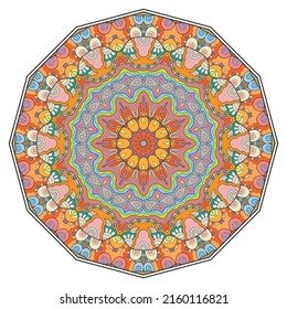 Mandala flower decoration, hand drawn round ornament, isolated design element on a white background. Vector geometric floral pattern. Tribal ethnic fashion motif for paper, textile, cloth fabric print