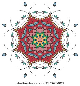 Mandala flower decoration, hand drawn round ornament, isolated design element on a white background. Vector geometric floral pattern. Tribal ethnic fashion motif for paper, textile, cloth fabric print