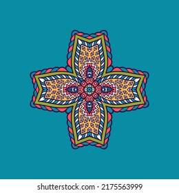 Mandala flower decoration, hand drawn round ornament, isolated design element on a white background. Vector geometric floral pattern. Tribal ethnic fashion motif for paper, textile, cloth fabric print